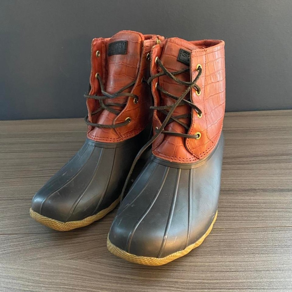 Sperry Women's Duck Boots Size 11  Brown Rubber &‎ Faux Croc Leather  Waterproof